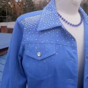 Christine Alexander Swarovski AB crystals Blue Stretch Twill Jacket sz LG